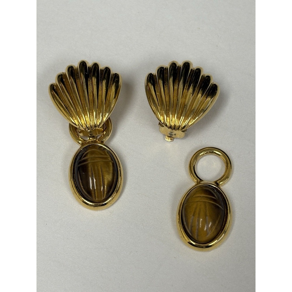 Weingeroff Gold Tone Scarab Brown Interchangeable Clip On Earrings 2 Ways 2 Wear